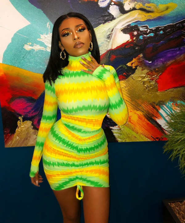 Fashion Tie Dye Printed High Collar Long Sleeves Drawstring Mini Dress MN1061