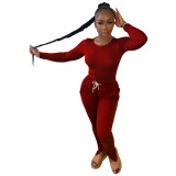 Casual Round Neck Long Sleeves Top With Strappy Drawstring Trousers Two Piece Sets CY8059