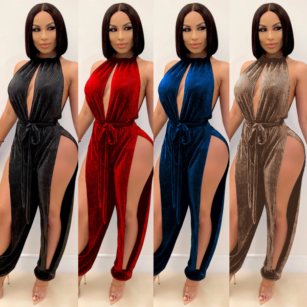 Sexy Velvet Round Neck Sleeveless Hollow Out Split Lace-Up Jumpsuit XZ3737