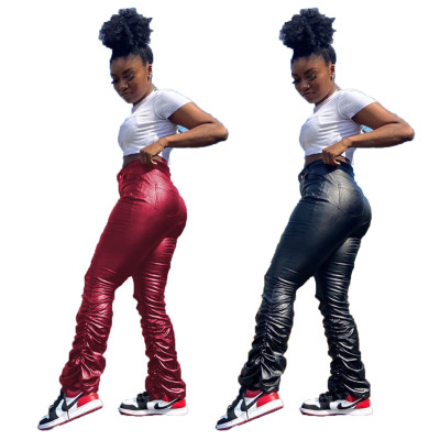 Fashion Solid Color PU Leather Pleated Long Pants JLX2001