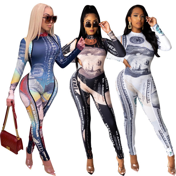 Fashion Printed High Collar Long Sleeves Skinny Jumpsuit  SD9506