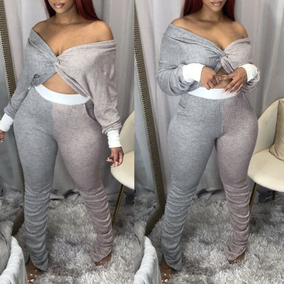 Sexy Contrast Stitching Off Shoulder Long Sleeves Cropped Top With Stack Split Trousers Two Piece Se