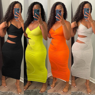 Sexy hollow dress with solid color suspenders GLS8148