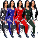Casual Striped V-Neck Long Sleeves Top With Mesh Stitching Trousers Two Pieces Sets ME2980