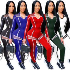 Casual Striped V-Neck Long Sleeves Top With Mesh Stitching Trousers Two Pieces Sets ME2980
