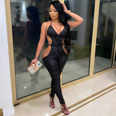 Sexy Suspenders V-Neck Backless Lace-Up Pleated Jumpsuit  CY8733