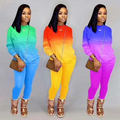 Casual Gradient Round Neck Long Sleeves Top With Trousers Two Piece Sets YZL817