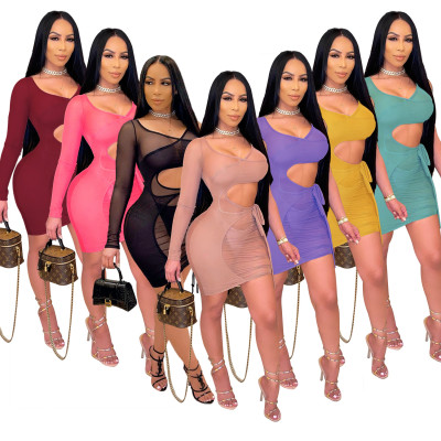 Womens sexy fake two-piece mesh perspective, lace-up long-sleeved vest dress QZ6123