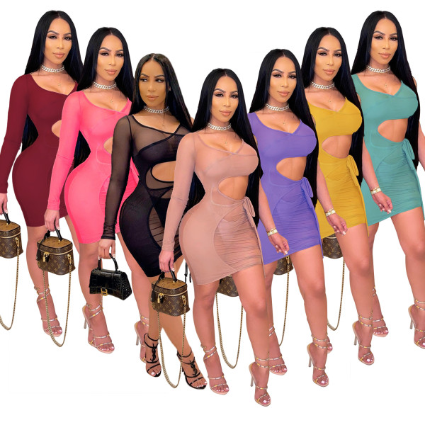 Womens sexy fake two-piece mesh perspective, lace-up long-sleeved vest dress QZ6123
