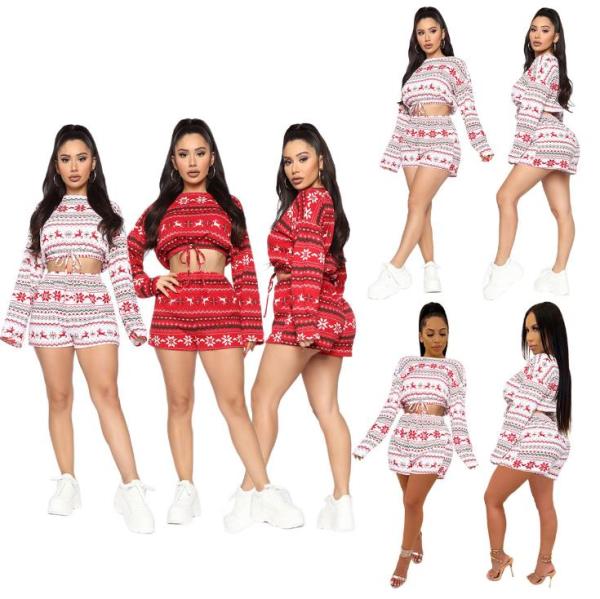 Fashion Christmas Printed Round Neck Long Sleeves Cropped Top With Shorts Two Piece Sets SH7954