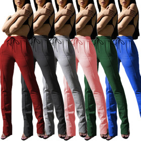 Winter Solid Color Zipper Drawstring Long Pants Q717
