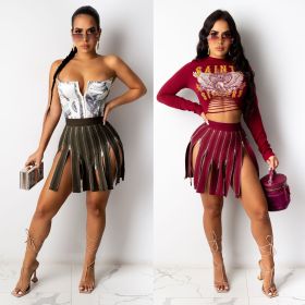 Sexy Printed Round Neck Long Sleeves Hole Mini Top With Zipper Split Skirt Two Piece Sets CY1281