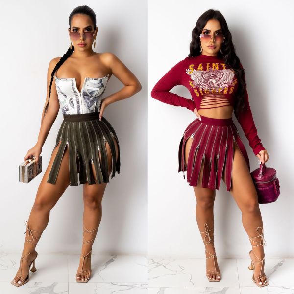 Sexy Printed Round Neck Long Sleeves Hole Mini Top With Zipper Split Skirt Two Piece Sets CY1281