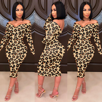 Fashion Leopard Off Shoulder Long Sleeves Midi Skinny Dress FS3625