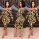 Fashion Leopard Off Shoulder Long Sleeves Midi Skinny Dress FS3625