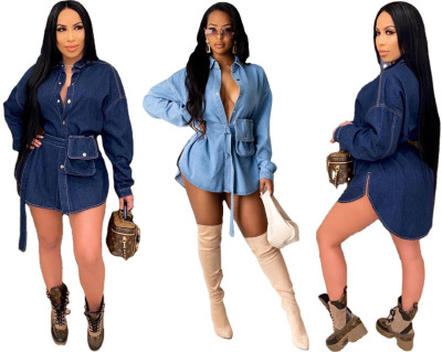 Fashion Denim Turn-Down Collar Long Sleeves Mini Dress  LA3242