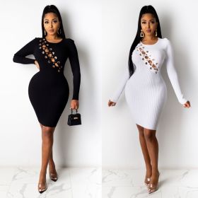 Sexy Hollow Out Lace-Up Round Neck Long Sleeves Mini Skinny Dress CY1283