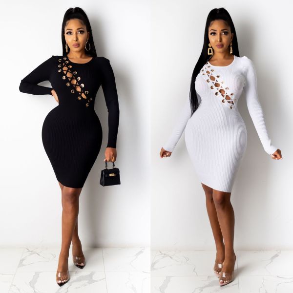 Sexy Hollow Out Lace-Up Round Neck Long Sleeves Mini Skinny Dress CY1283