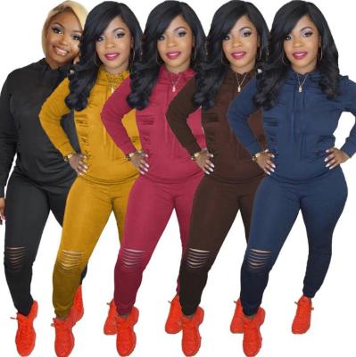 Fashion Solid Color Hole Long Sleeves Hooded Sweater With Trousers Two Piece Sets DN8543