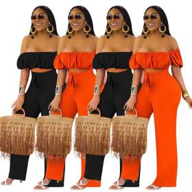 Sexy Off Shoulder Short Sleeves Hollow Out Wide Leg Pants Jumpsuit  YD8214