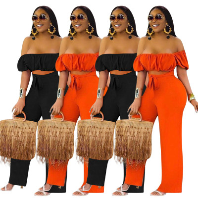 Sexy Off Shoulder Short Sleeves Hollow Out Wide Leg Pants Jumpsuit  YD8214
