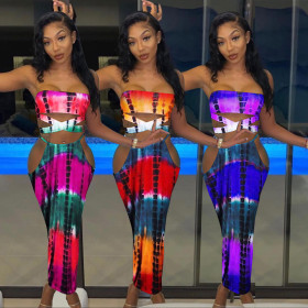 Summer Tie-dye Printed Wrapped Chest Fashion Sexy Two-piece Dress YZL842