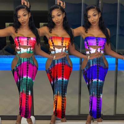 Summer Tie-dye Printed Wrapped Chest Fashion Sexy Two-piece Dress YZL842