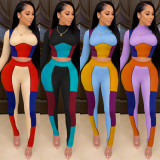 Casual Contrast Stitching Round Neck Long Sleeves Mini Tops With Trousers Skinny Two Pieces Sets  C5