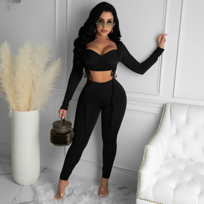 Fashion Square Collar Long Sleeves Drawstring Cropped Top With Trousers Two Pieces Sets ZS8374