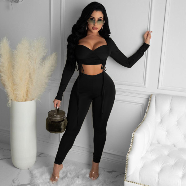 Fashion Square Collar Long Sleeves Drawstring Cropped Top With Trousers Two Pieces Sets ZS8374