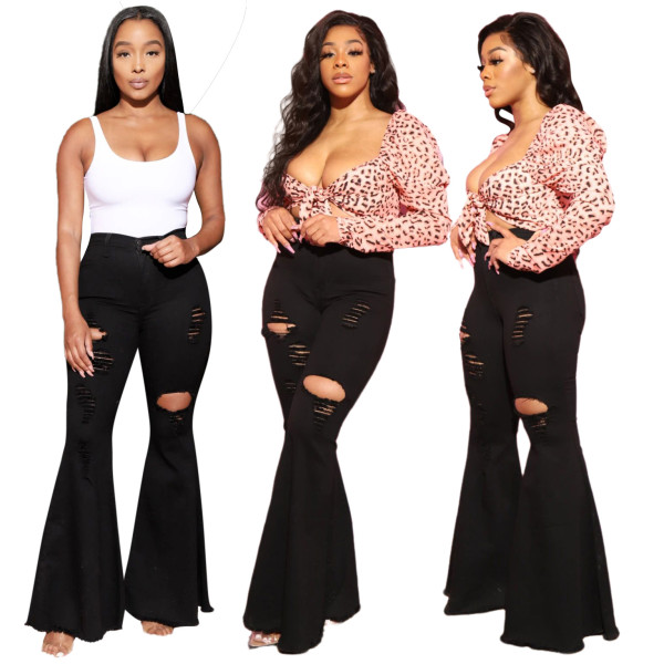 Fashion Solid Color Hole Denim Flared Wide Leg Pants HSF2364