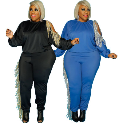 Casual Tassel Round Neck Long Sleeves Top With Trousers Two Piece Sets YF1348