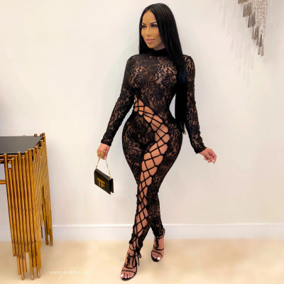 Sexy Lace Hollow Out Round Neck Long Sleeves Strappy Jumpsuit R6369