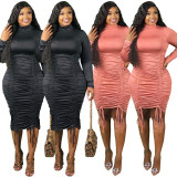 Fashion High Collar Long Sleeves Pleated Drawstring Skinny Dress Q6040