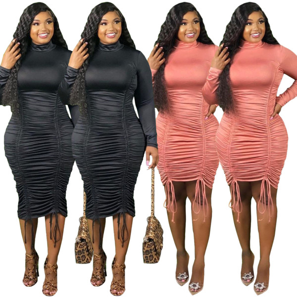 Fashion High Collar Long Sleeves Pleated Drawstring Skinny Dress Q6040