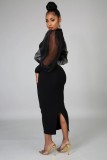 Fashion Solid Color Rould Neck Mesh Ruff Sleeves Midi Skinny Dress YS211-2