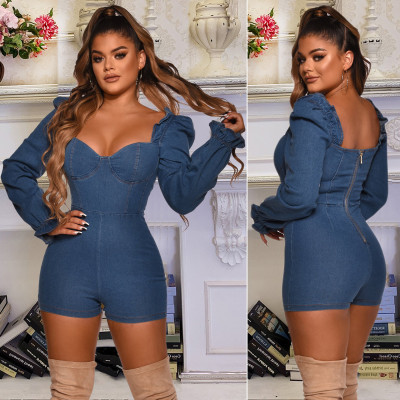 Sexy Square Collar Ruffle Long Sleeves Backless Denim Jumpsuit JLX6879