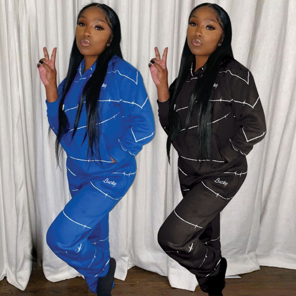 Casual Striped Long Sleeves Hooded Sweater With Trousers Two Piece Sets JP1015