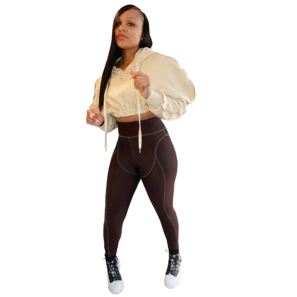 Casual Solid Color Long Sleeves Hooded Cropped Sweater With Trousers Two Pieces Sets S390023