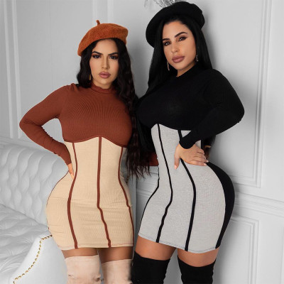 Sexy Contrast Stitching Round Neck Long Sleeves Mini Bodycon Dress D093382W