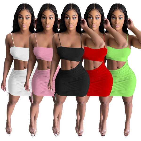 Womens sexy pleated split dress with thin straps, pure color elastic halter nightclub skirt YF8208
