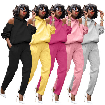 Fashion Solid Color Zipper Long Sleeves Hooded Sweater With Trousers Two Pieces Sets  FSL111