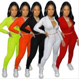 Fashion Zipper V-Neck Long Sleeves Mini Top With Trousers Two Piece Sets MY167