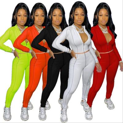 Fashion Zipper V-Neck Long Sleeves Mini Top With Trousers Two Piece Sets MY167