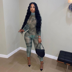 Sexy Mesh See-Through Backless Round Neck Long Sleeves Skinny Jumpsuit K20S10150