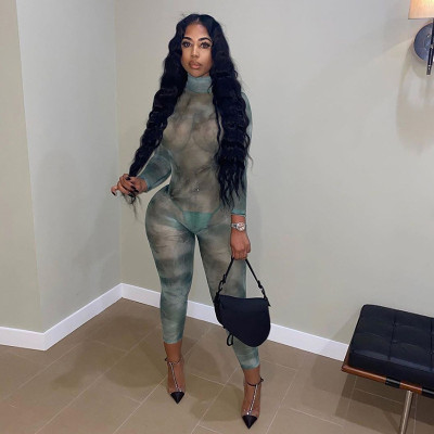 Sexy Mesh See-Through Backless Round Neck Long Sleeves Skinny Jumpsuit K20S10150