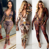 Fashion deep V tight sexy print long sleeve suit women CYF3765