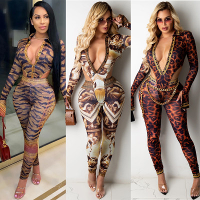Fashion deep V tight sexy print long sleeve suit women CYF3765