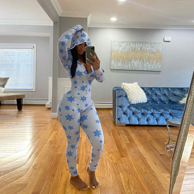 Fashion Printed Button Long Sleeves Hooded Sports Jumpsuit  K20Q10834