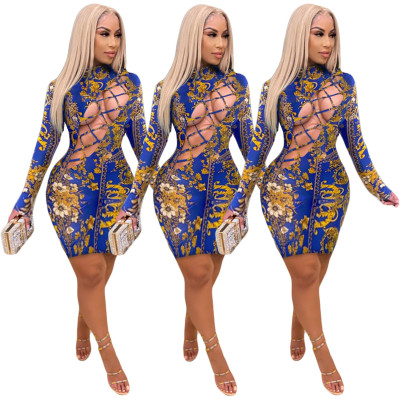 Sexy Printed Hollow Out Round Neck Long Sleeves Mini Skinny Dress YY5245